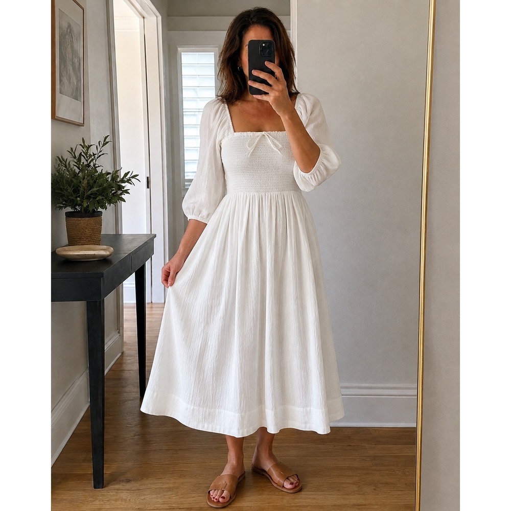 NWT Quince Organic Cotton Gauze Smocked Square Neck Midi Dress White Large